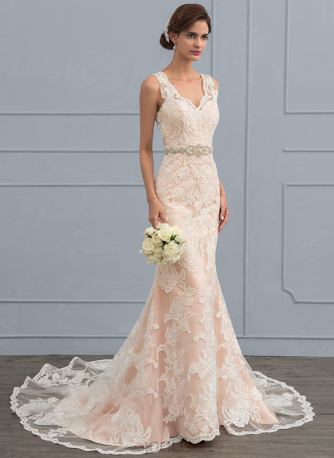 Train With Chapel Wedding Wedding Dresses Trumpet/Mermaid Martina Tulle V-neck Dress Lace Beading