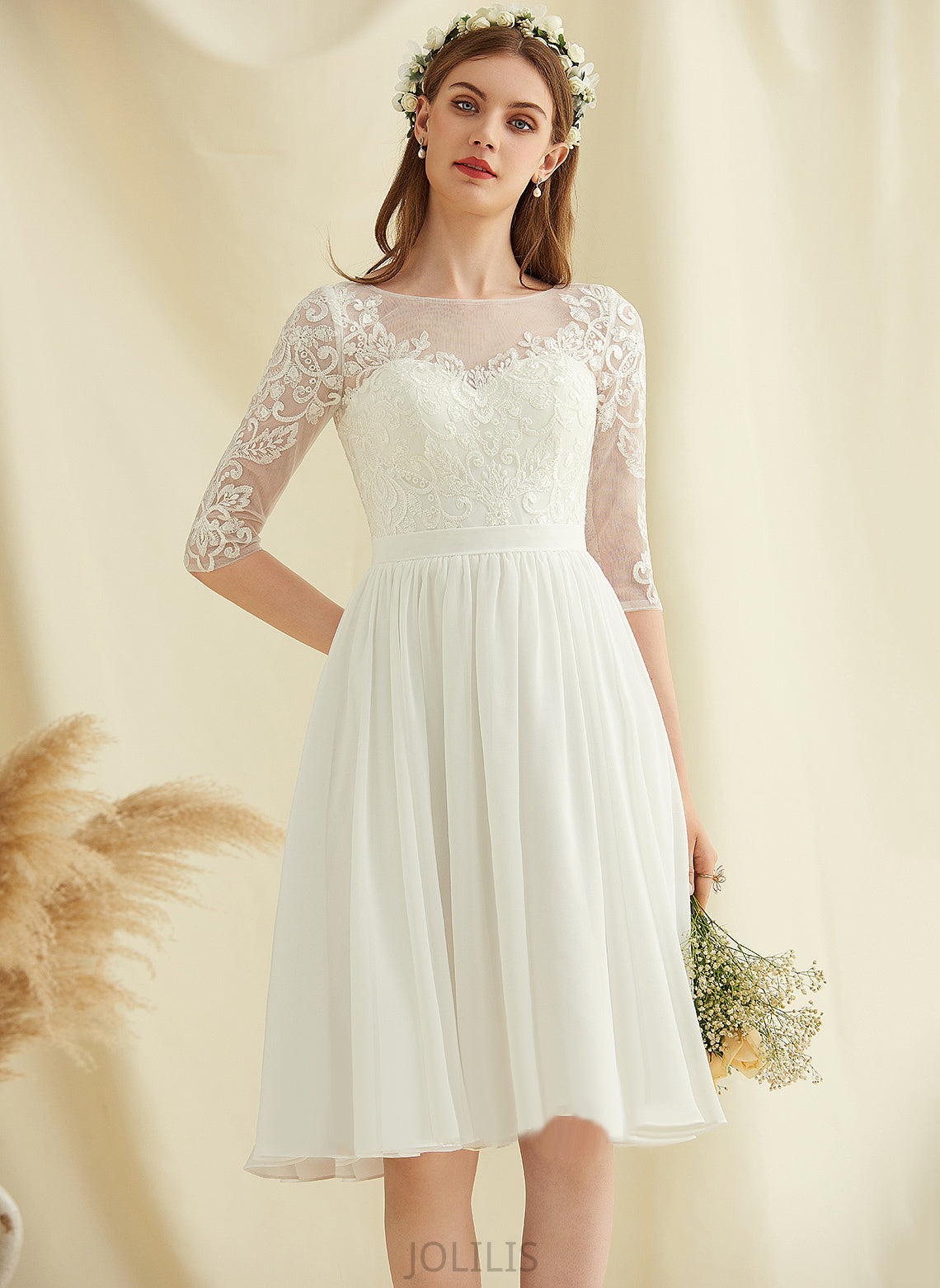 A-Line Scoop Chiffon Wedding Wedding Dresses Sequins With Dress Tiffany Lace Knee-Length