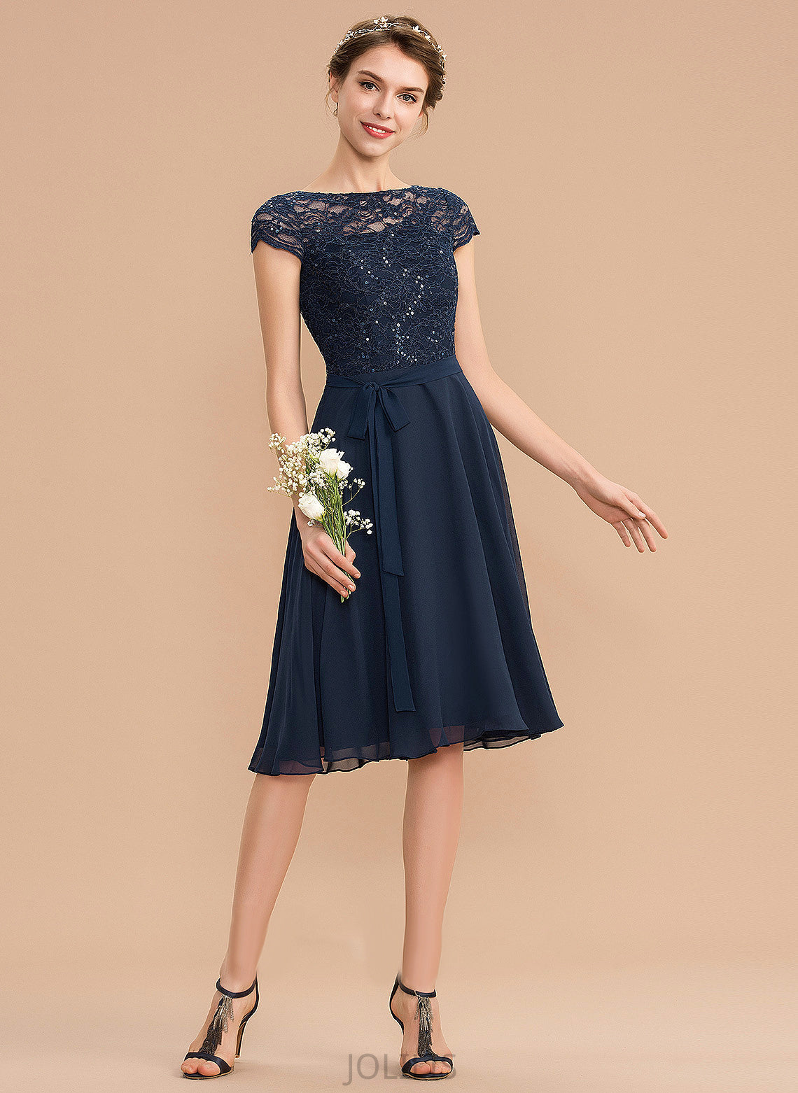 Lace A-Line Chiffon With Scoop Homecoming Dress Knee-Length Bow(s) Eliana Neck Homecoming Dresses