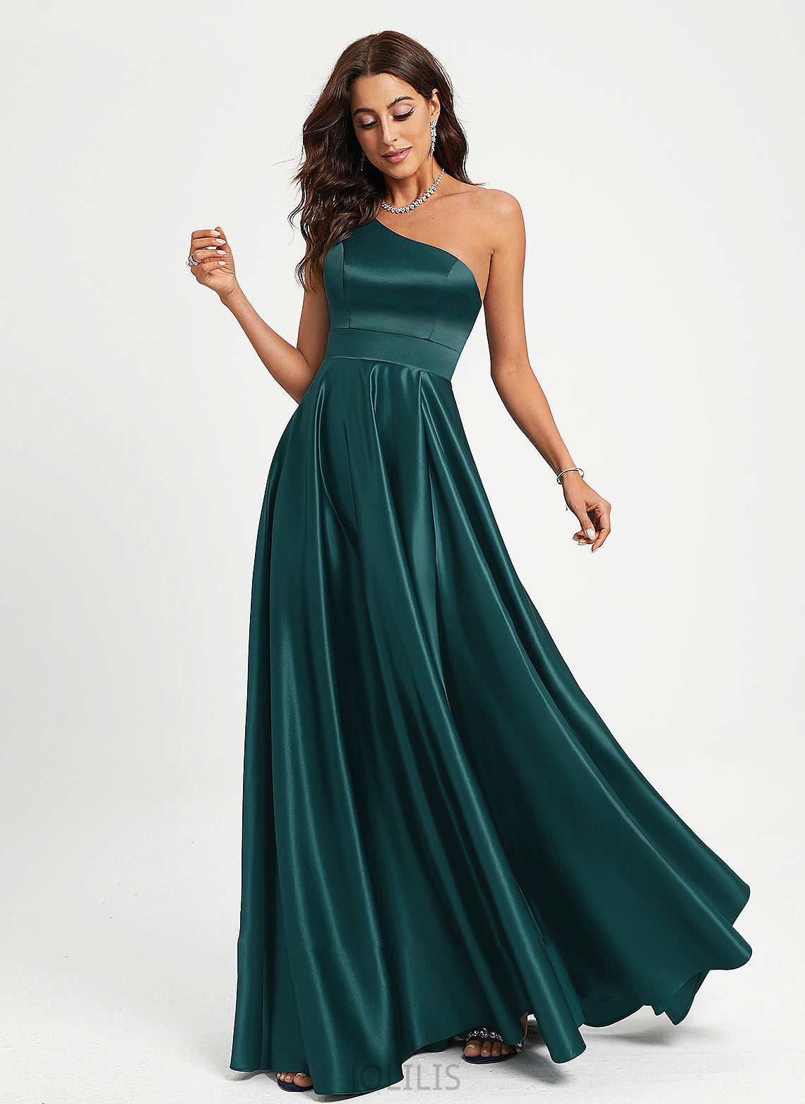 A-Line With Floor-Length Sheila Satin Prom Dresses Beading One-Shoulder