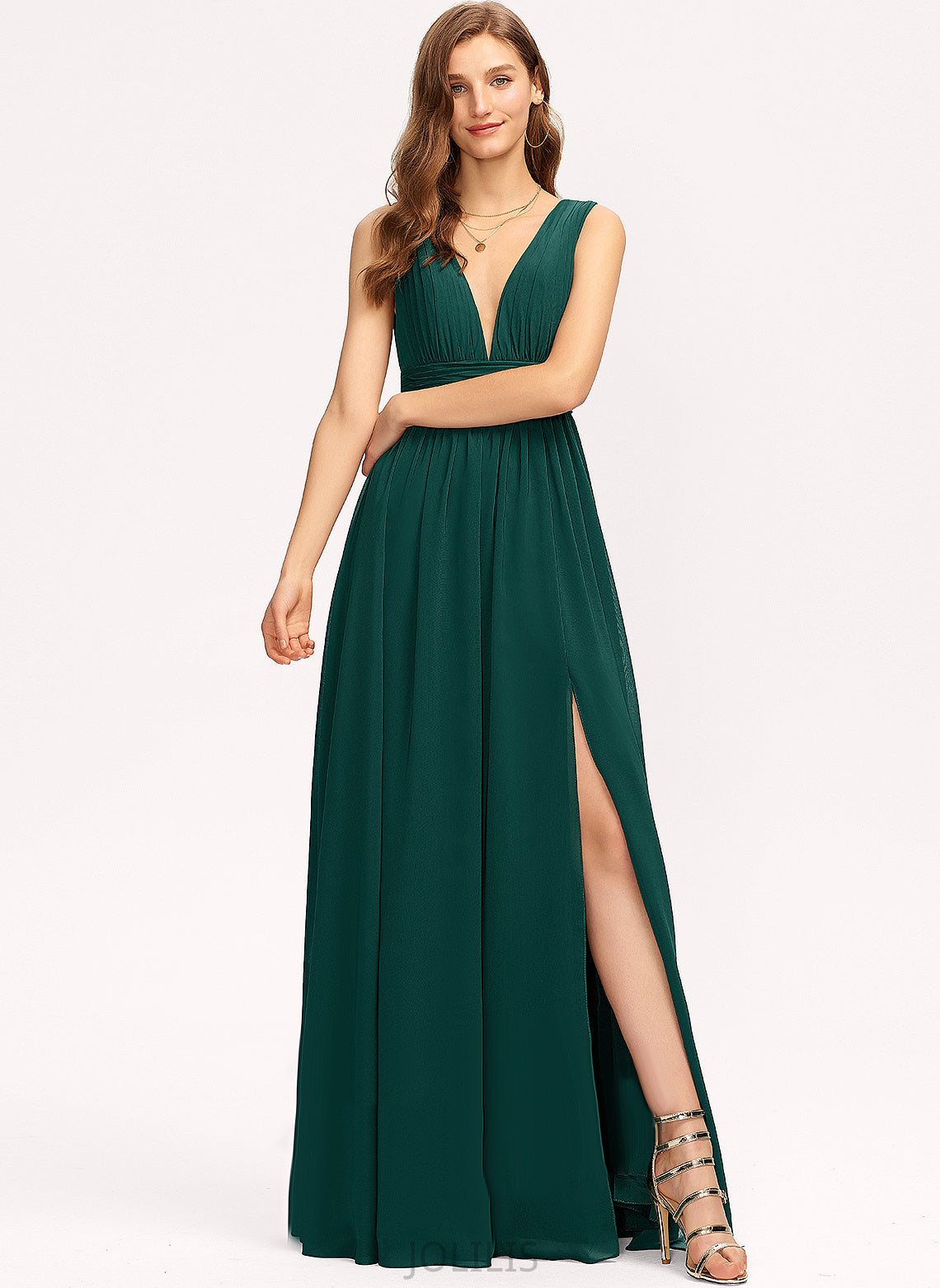 Floor-Length Prom Dresses A-Line Pleated Chiffon V-neck With Amelia