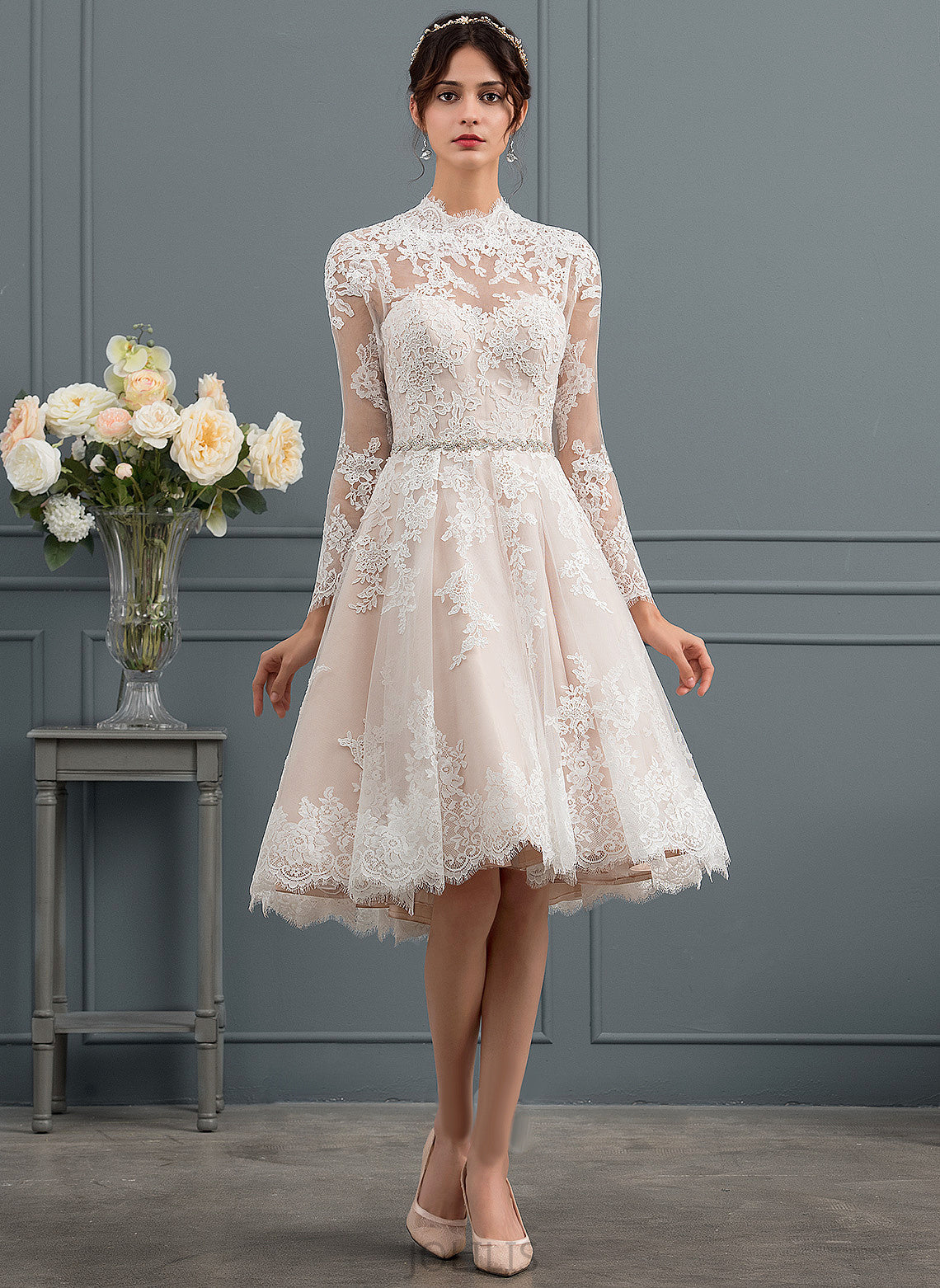 Illusion Knee-Length Lace Dress Wedding Dresses Wedding Clara Tulle A-Line