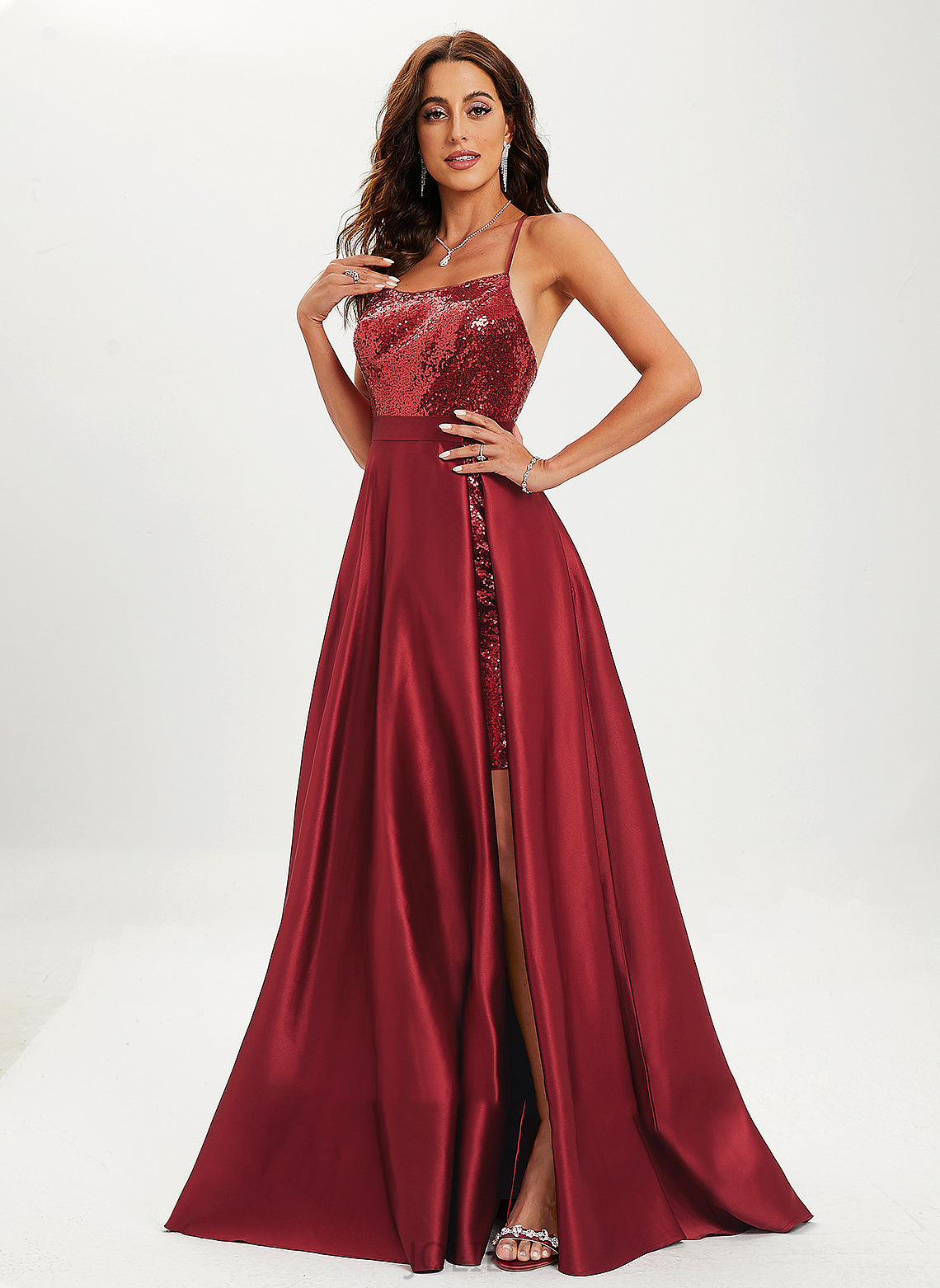 Scoop Sequins Satin Train Prom Dresses Marisol With Ball-Gown/Princess Sweep Neck