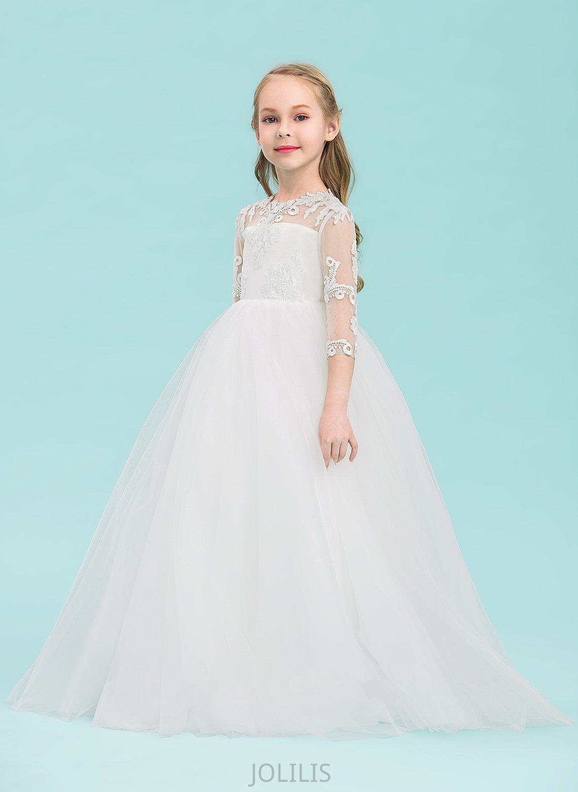 Neck - Flower Girl Scoop 3/4 Tulle Ball-Gown/Princess Ashlynn Dress Floor-length Sleeves Flower Girl Dresses