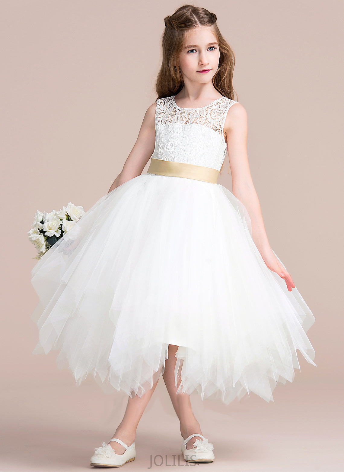 Tea-length Sash/Back Ciara Neck Flower Tulle/Lace Dress Girl Hole (Detachable Scoop - Flower Girl Dresses With A-Line Sleeveless sash)