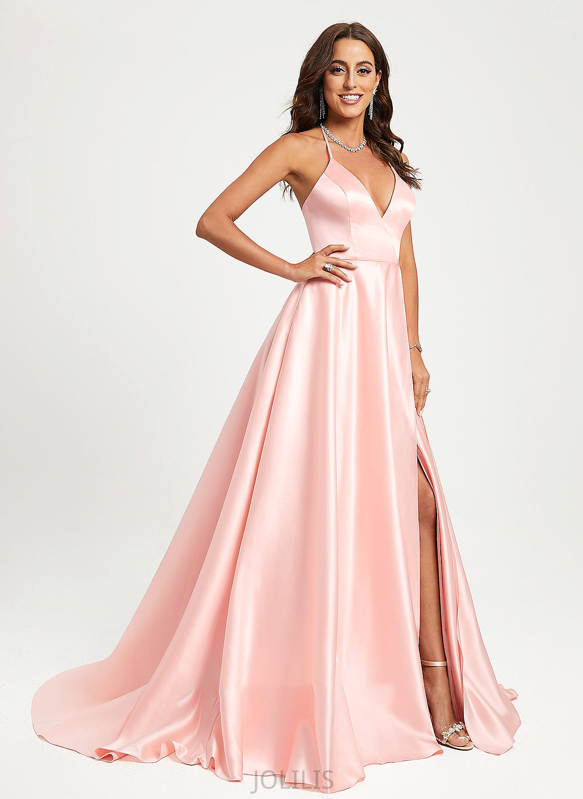 Kathy A-Line Train Satin V-neck Prom Dresses Sweep