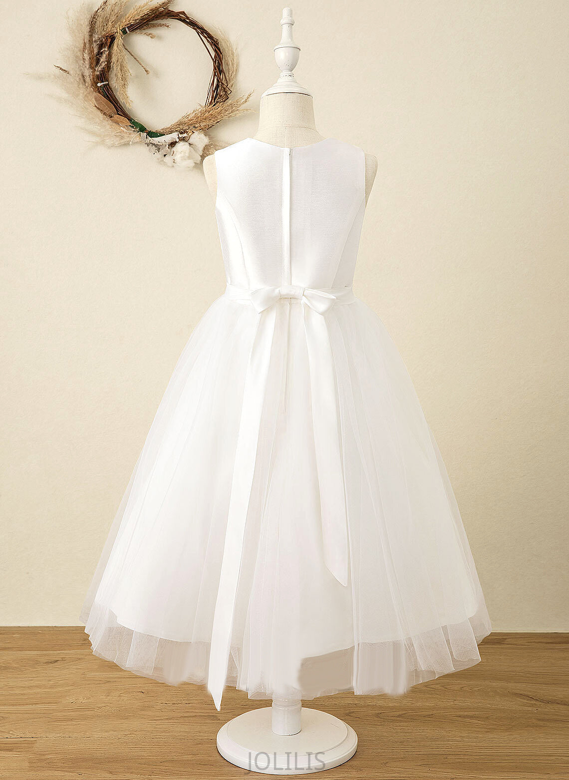 Flower Girl Dresses Dress - Tea-length Flower Girl Sleeveless A-Line Jaycee Scoop Satin/Tulle Neck