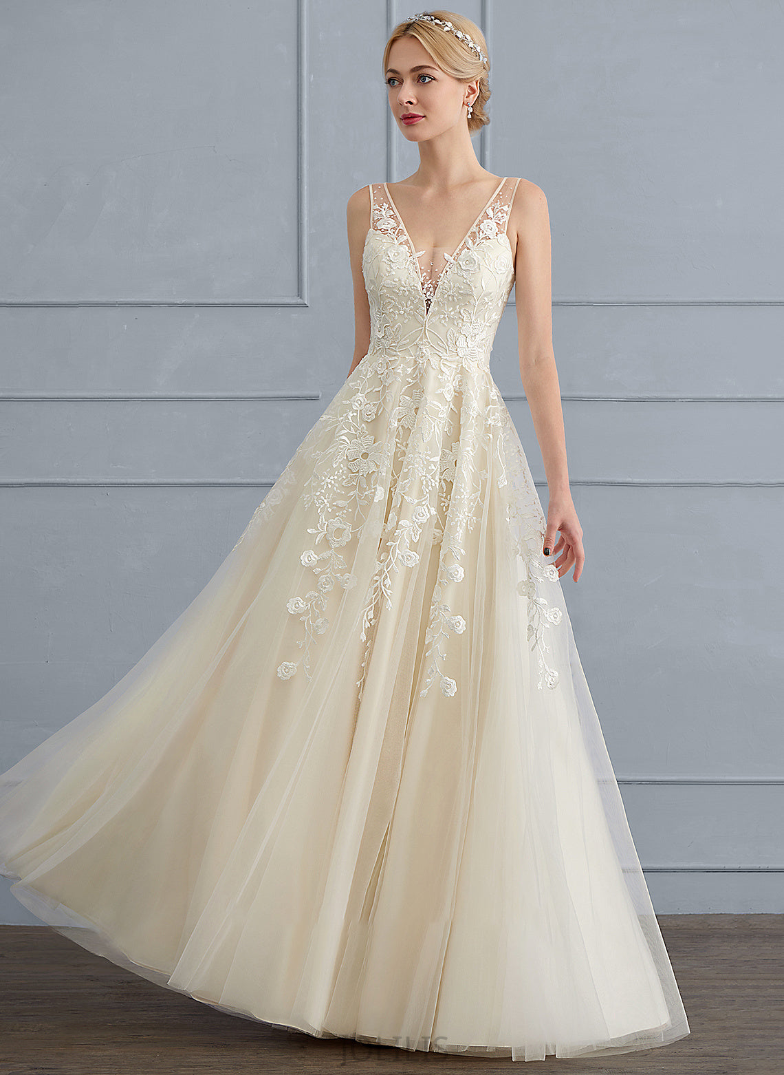 Dress Wedding Tulle With A-Line V-neck Beading Wedding Dresses Floor-Length Amani Sequins