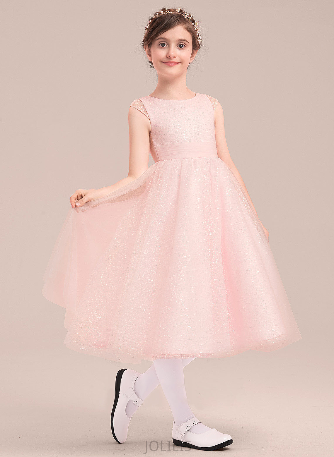 Girl Lina Tea-length Tulle With Dress Flower A-Line/Princess Bow(s) Neck Flower Girl Dresses - Sleeveless Scoop