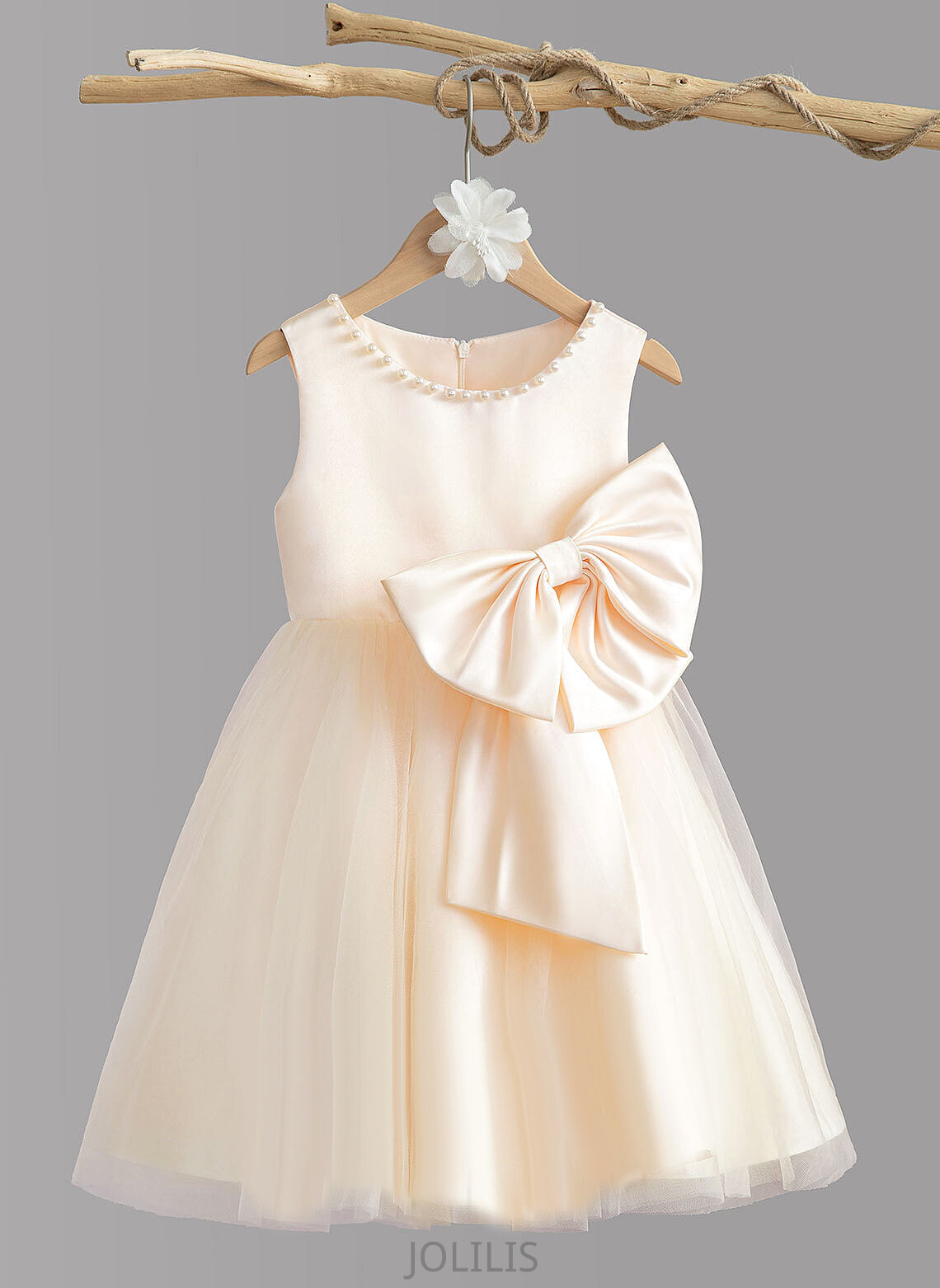 Beading/Bow(s) Girl Neck Sleeveless Knee-length Flower Dress A-Line Kelsie Satin With Flower Girl Dresses - Scalloped