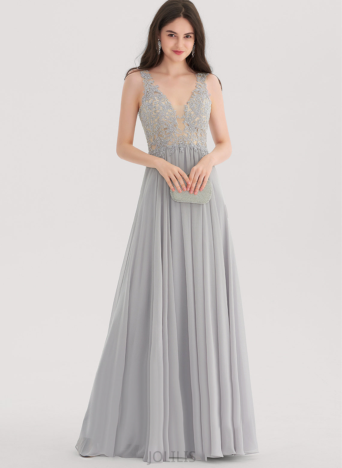 With A-Line Rhinestone Lace Floor-Length Chiffon Mira V-neck Prom Dresses