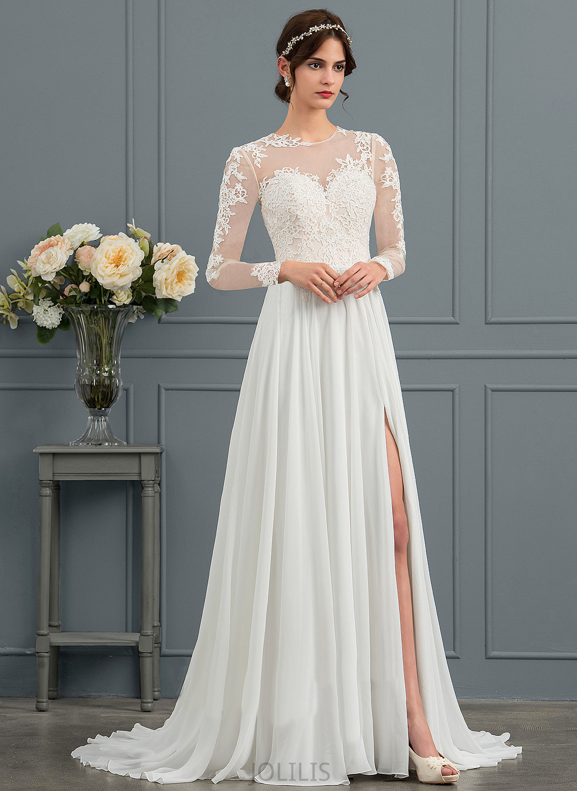 Split Wedding Dresses A-Line Train Lace Front Chiffon Dress Wedding Illusion With Tulle Sweep Appliques Leanna