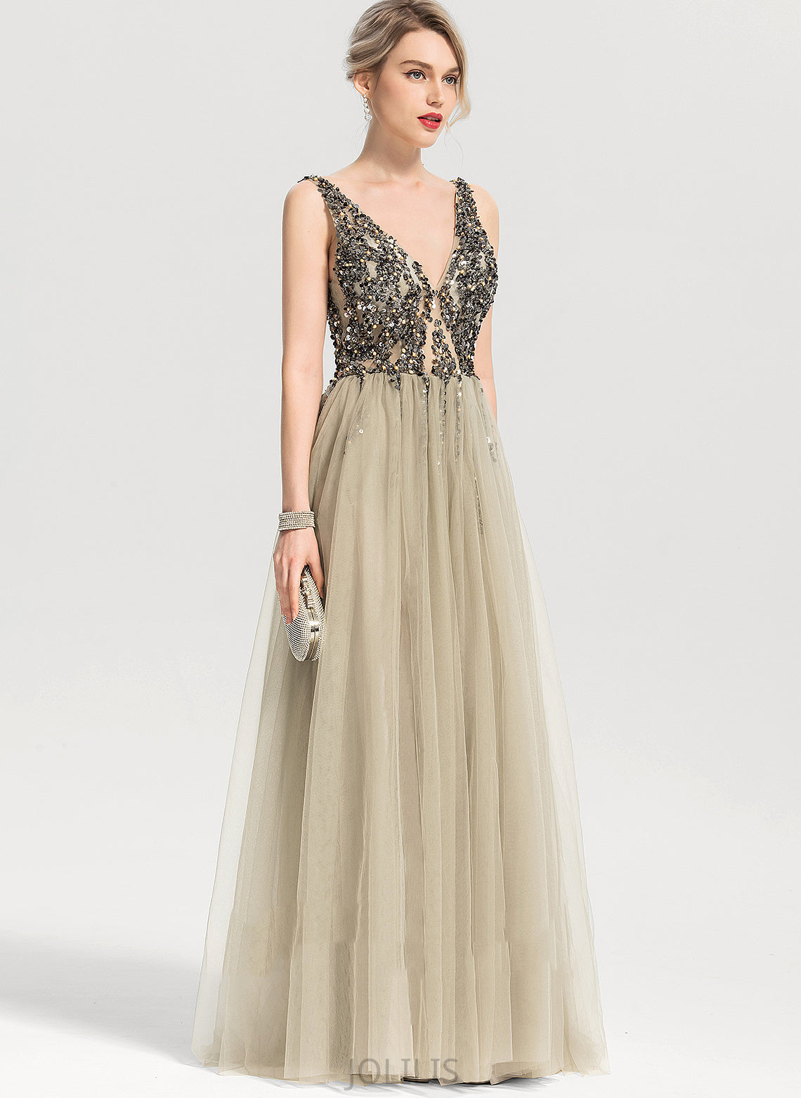 A-Line Tulle Sequins With Louise Floor-Length Prom Dresses V-neck Beading