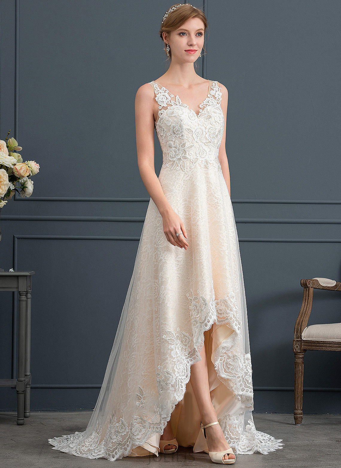 Kiana With Lace Asymmetrical Tulle V-neck Dress A-Line Wedding Dresses Wedding