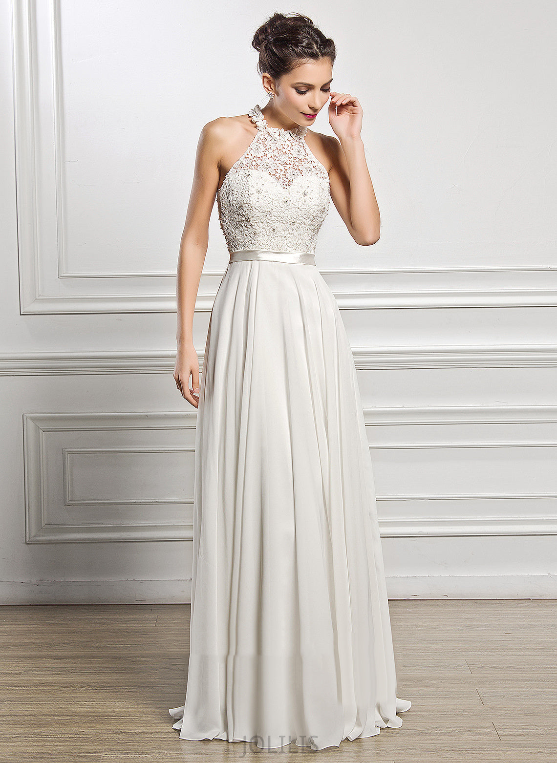 Wedding With Floor-Length A-Line Lace Chiffon Scoop Dress Neck Wedding Dresses Kaitlyn Beading Sequins