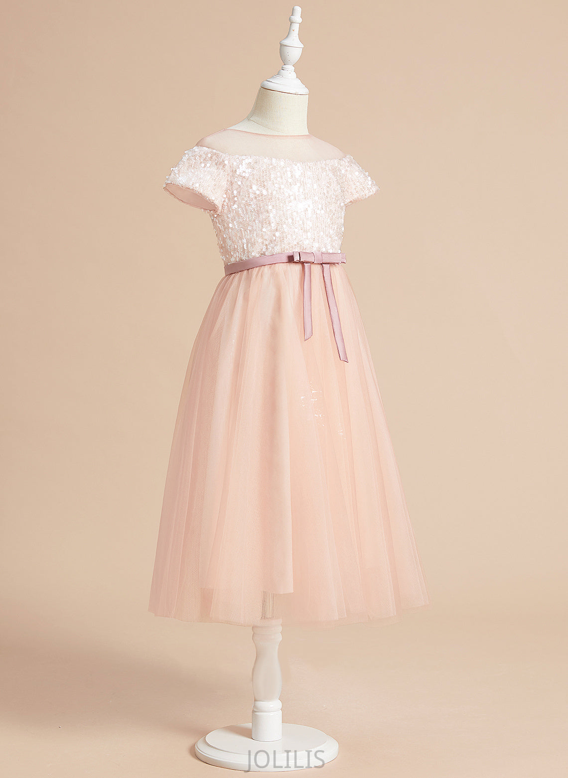 Scoop - Girl Tea-length A-Line Sash/Bow(s) Dress Flower Girl Dresses Neck Naomi Tulle Short Flower With Sleeves