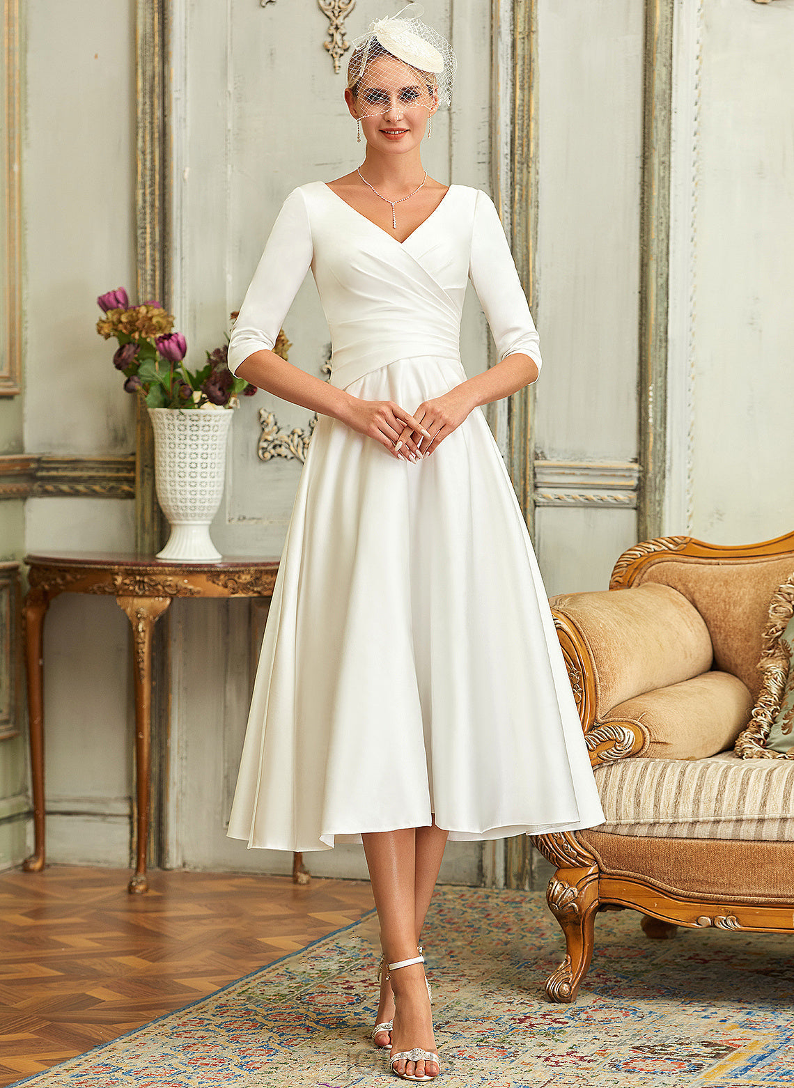 Satin Wedding Dresses Madeline Tea-Length Dress Wedding A-Line V-neck