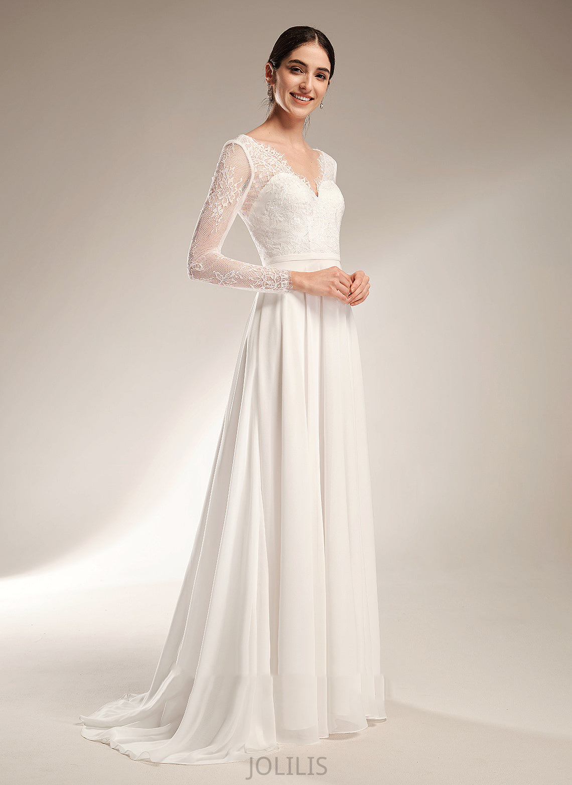 Dress Wedding Wedding Dresses Lace Train Chiffon Sweep A-Line V-neck Izabella