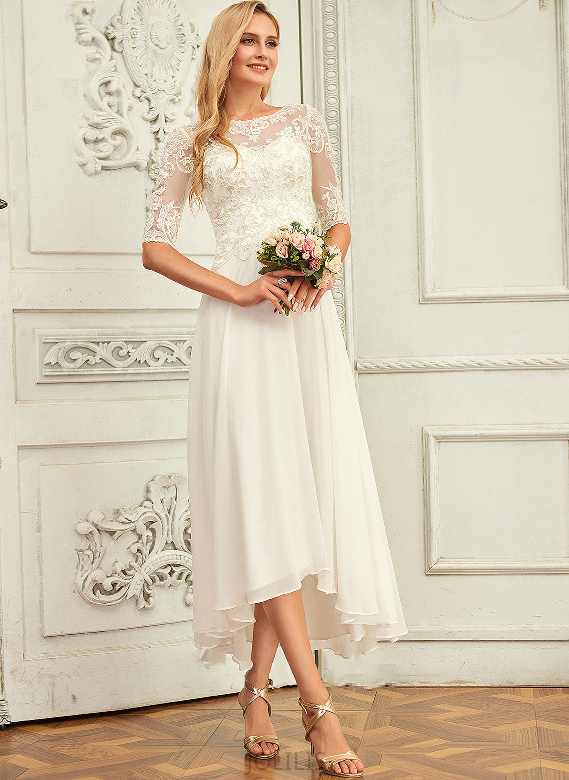 Dress Wedding Dresses Neck Chiffon A-Line Hedwig With Sequins Scoop Asymmetrical Beading Wedding