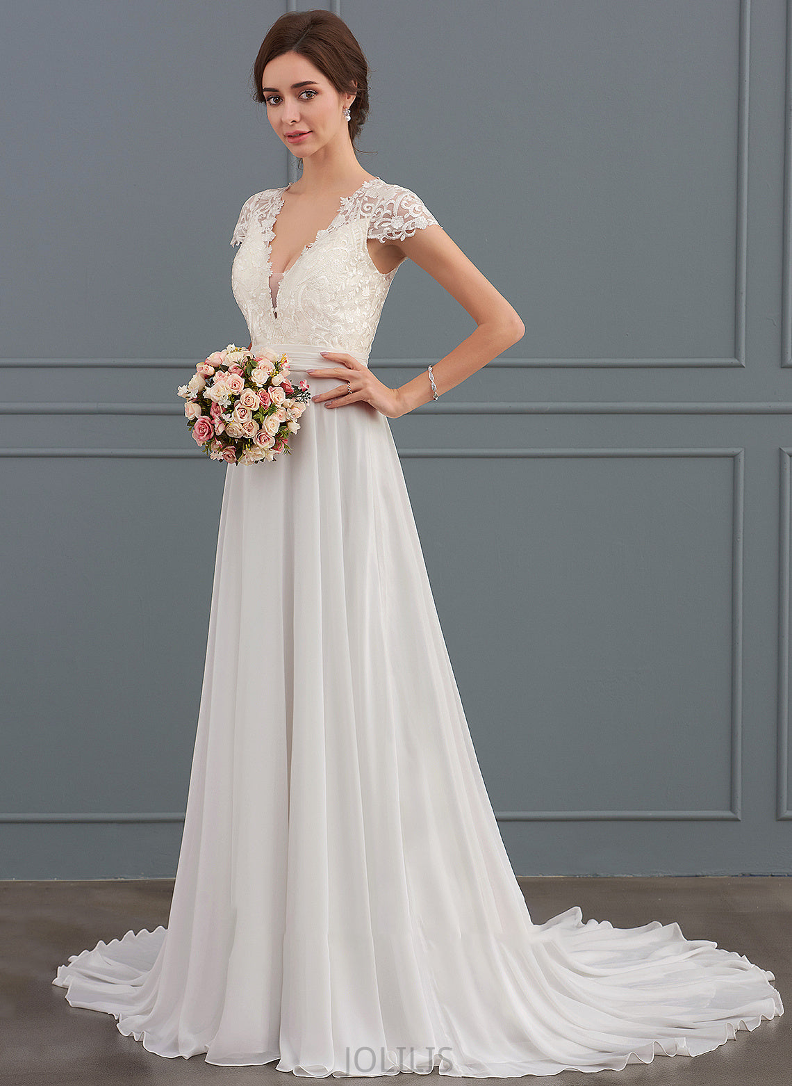 A-Line Ruffle V-neck Train Wedding Dresses Chiffon Wedding Jordan With Sweep Dress