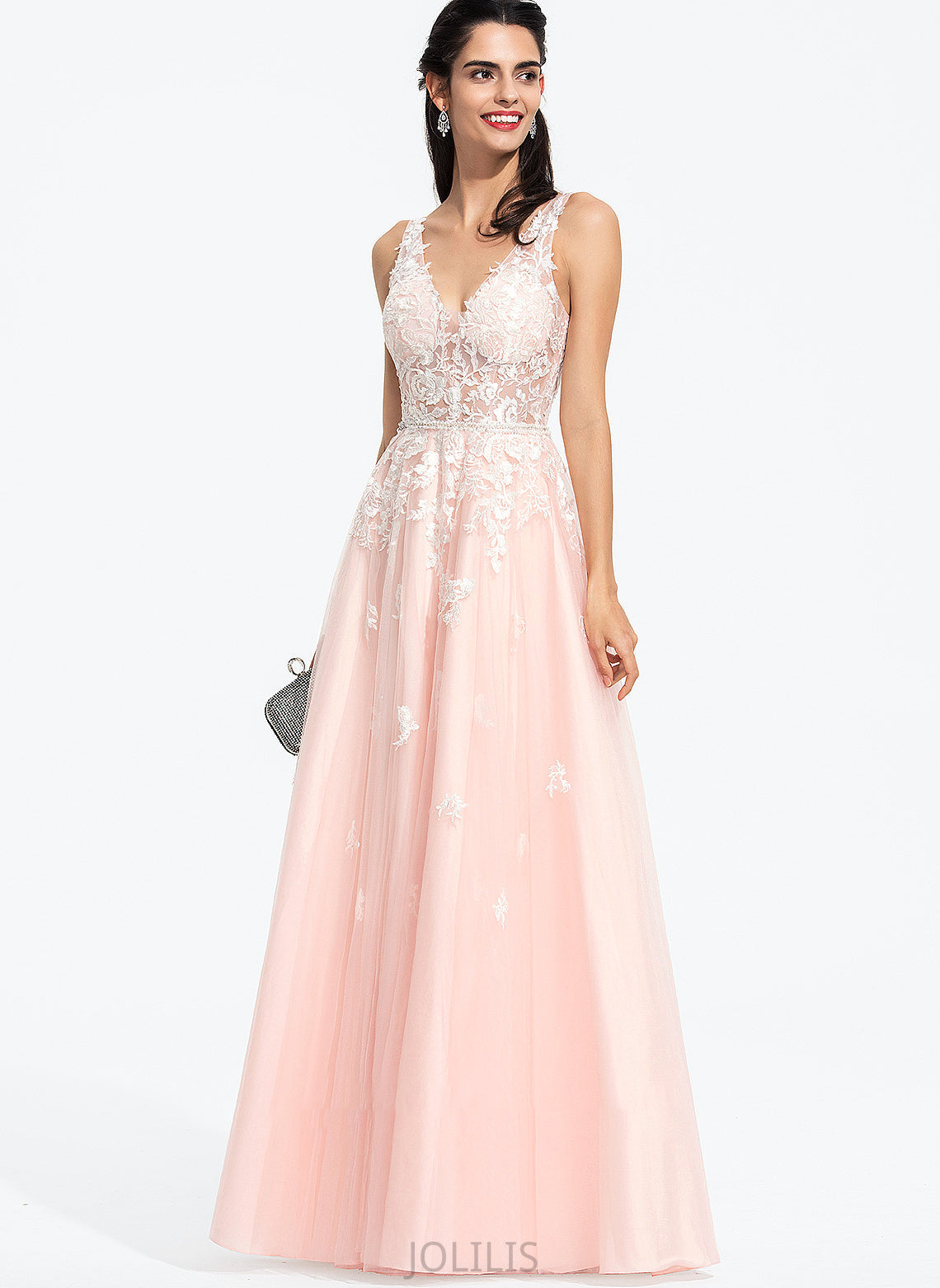 V-neck Tulle Ball-Gown/Princess Sequins With Beading Prom Dresses Floor-Length Maeve