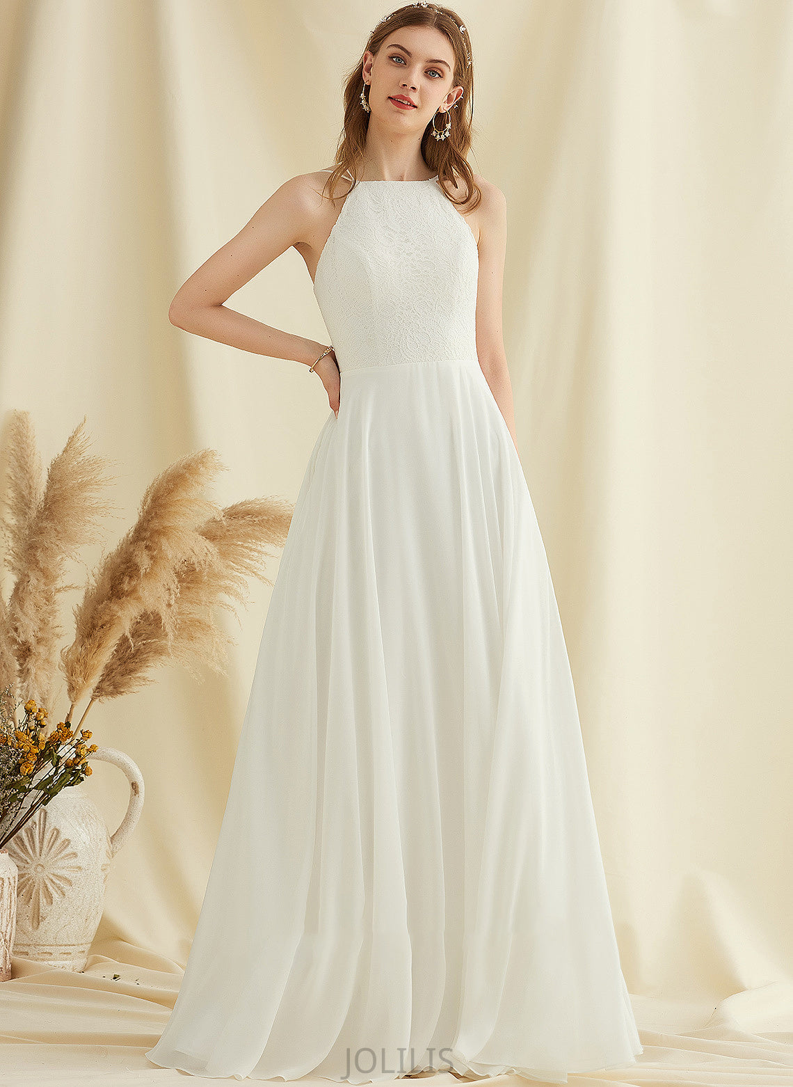 Lace A-Line Dress Wedding Chiffon Floor-Length Pockets Neck Andrea Wedding Dresses Scoop With