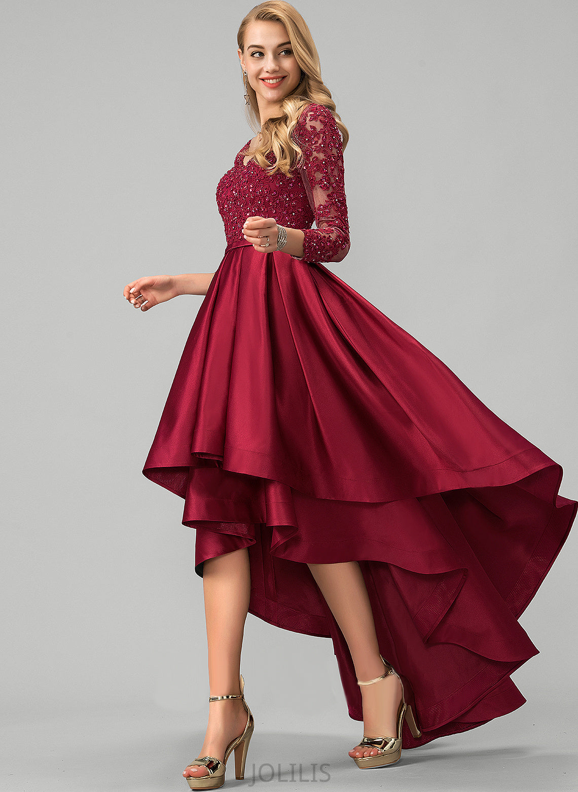 V-neck Asymmetrical Jacquelyn Satin Ball-Gown/Princess Beading With Sequins Prom Dresses