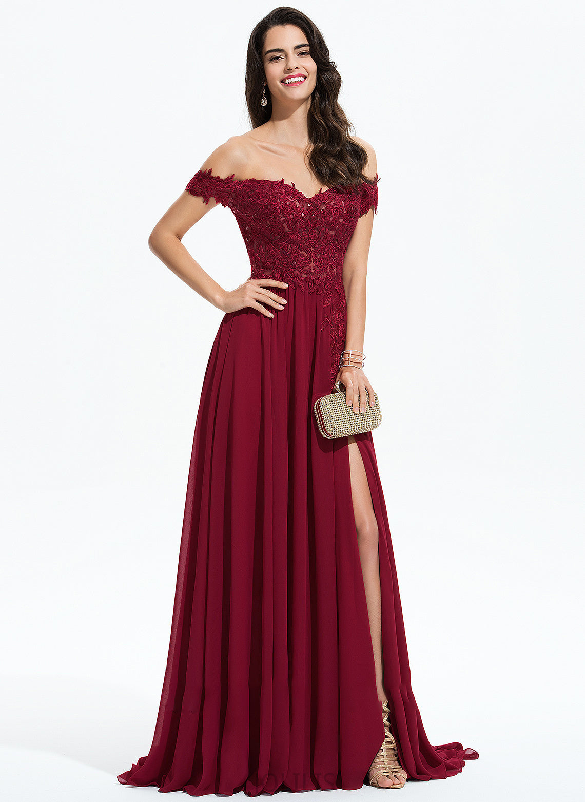 Adelyn Sweep Prom Dresses With A-Line Lace Train Sequins Off-the-Shoulder Chiffon