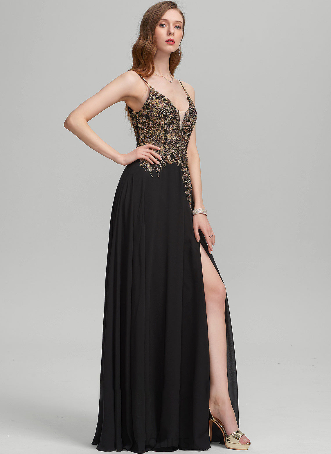 Sequins Lace Chiffon Front A-Line Split V-neck Prom Dresses Floor-Length Melinda With