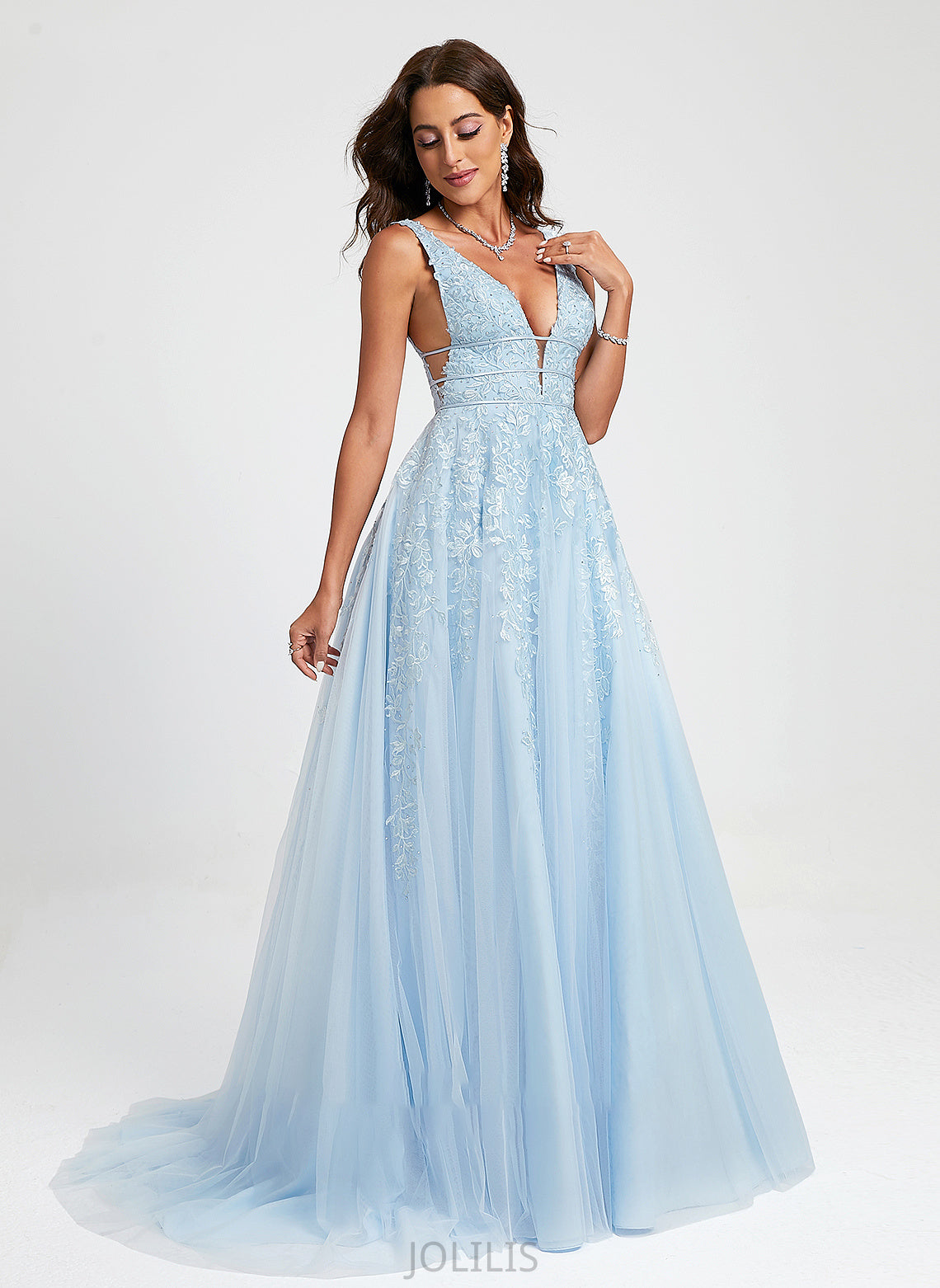 V-neck Prom Dresses Ball-Gown/Princess Shaylee Train Sweep Beading With Tulle Lace