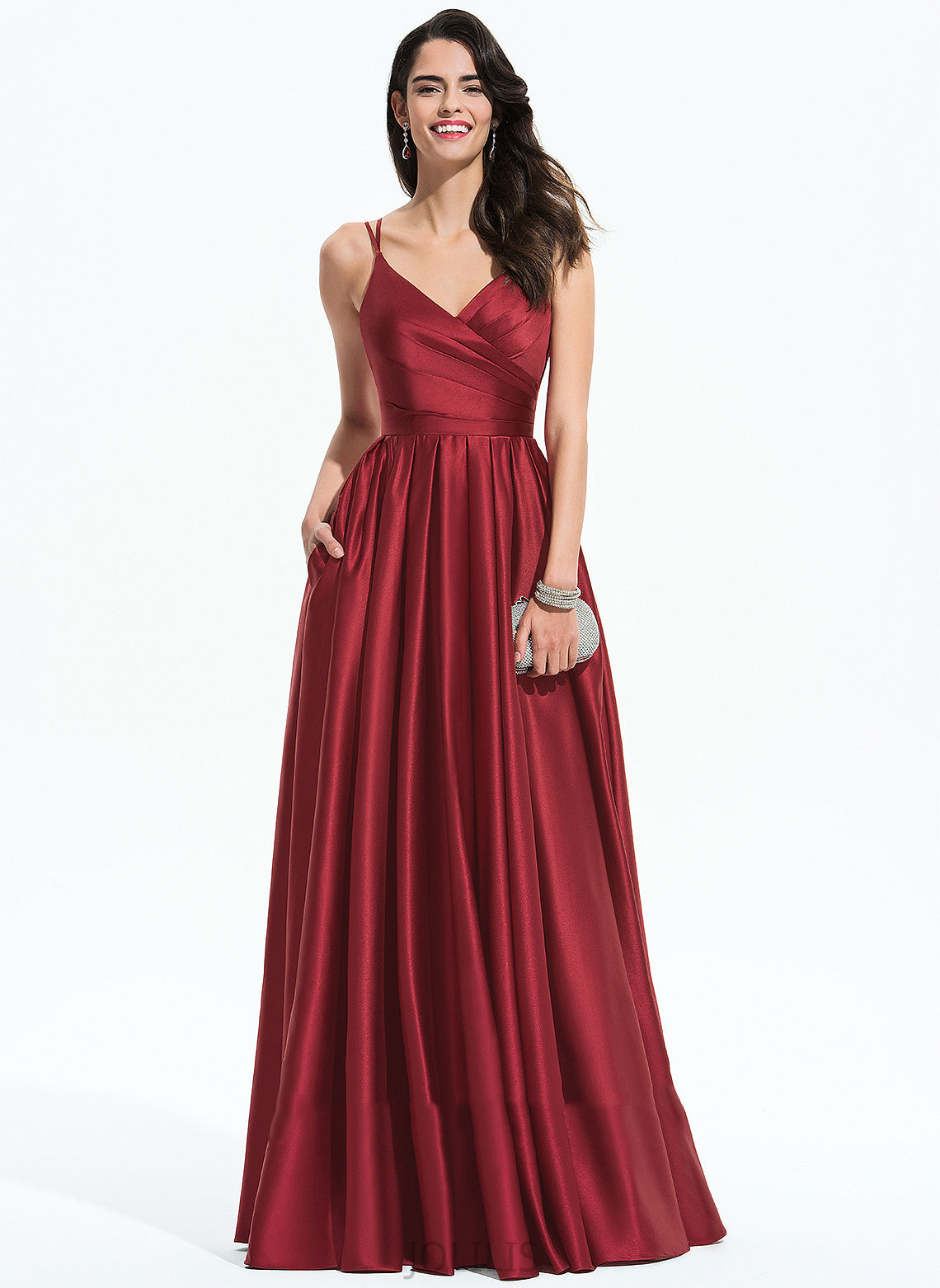 With A-Line Floor-Length Prom Dresses V-neck Satin Marisol Pleated