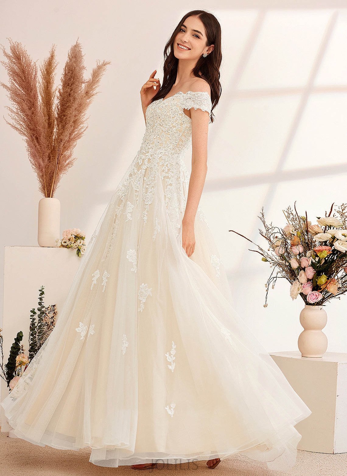 With Off-the-Shoulder Floor-Length Una Sequins Ball-Gown/Princess Wedding Beading Wedding Dresses Dress