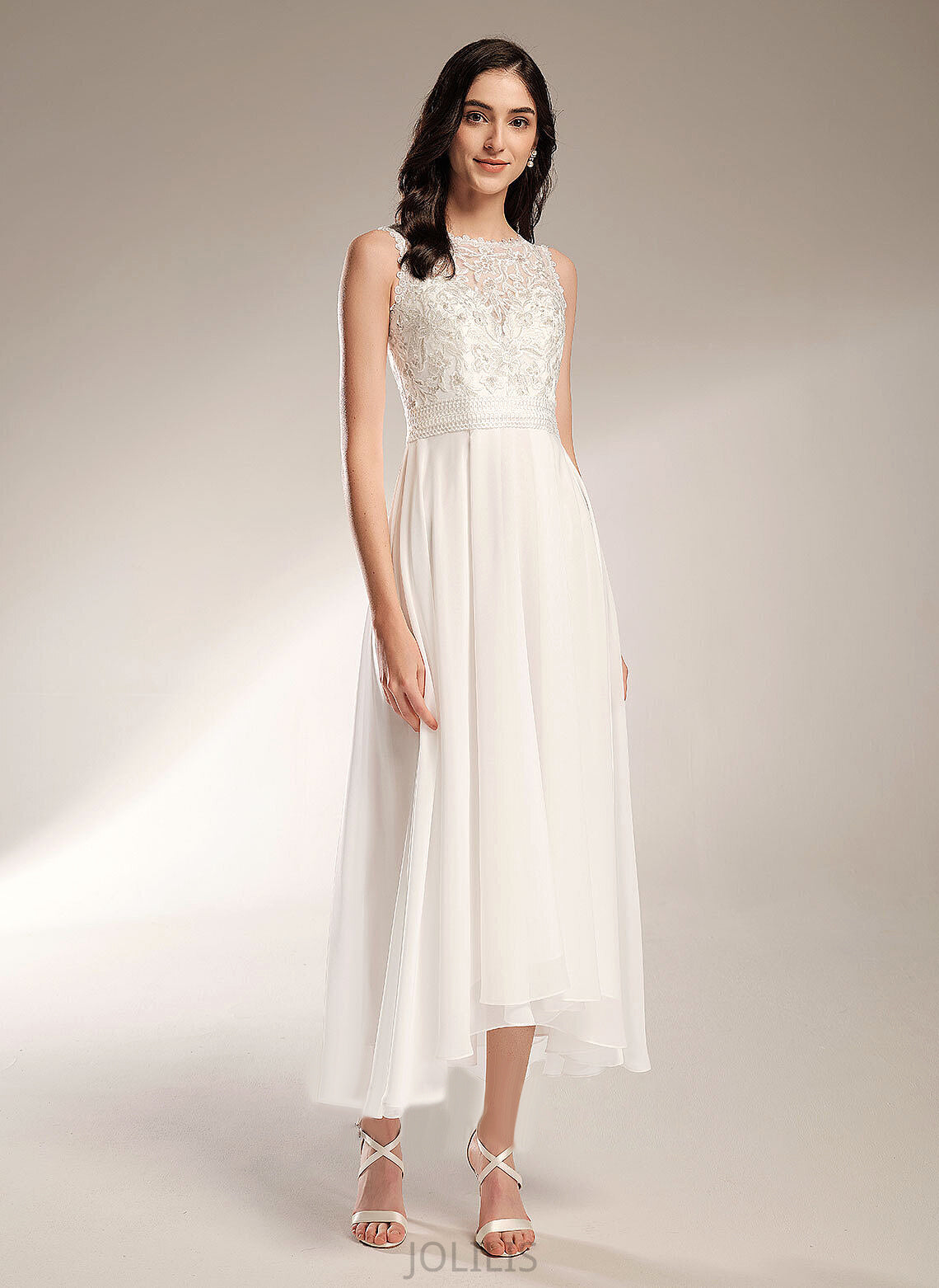 Wedding Wedding Dresses Asymmetrical A-Line Dress Chiffon Leticia Scoop Lace