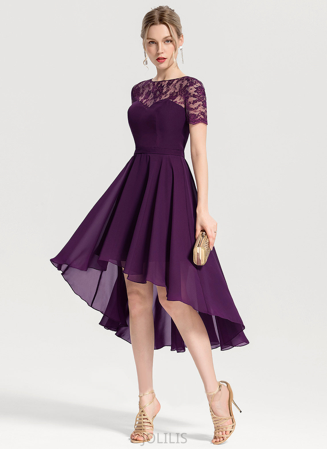 Chiffon Asymmetrical Lace Homecoming Dresses Scoop Dress Homecoming Neck With Elise A-Line