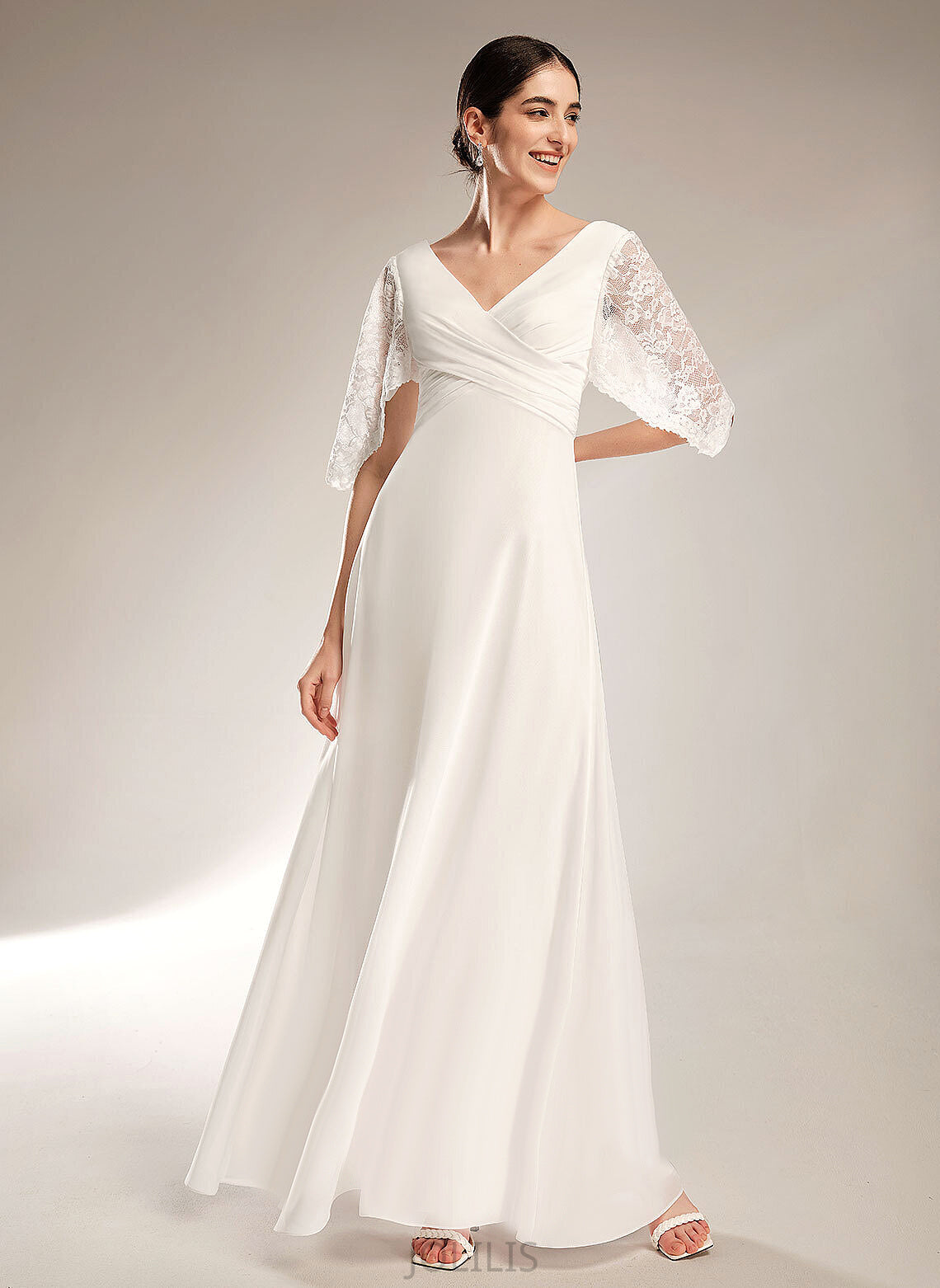 Sheath/Column Floor-Length Chiffon Dress Lace Wedding Mikayla V-neck Wedding Dresses