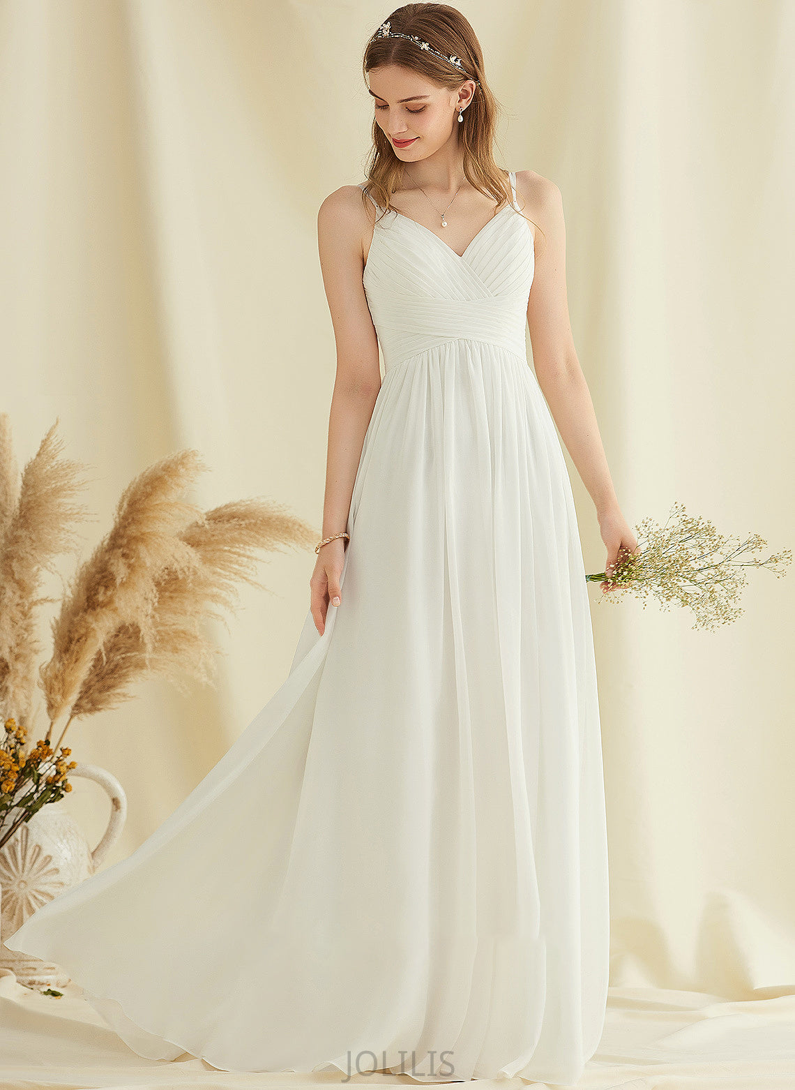 With Micah Wedding Dresses Floor-Length Chiffon A-Line Lace Dress Wedding V-neck