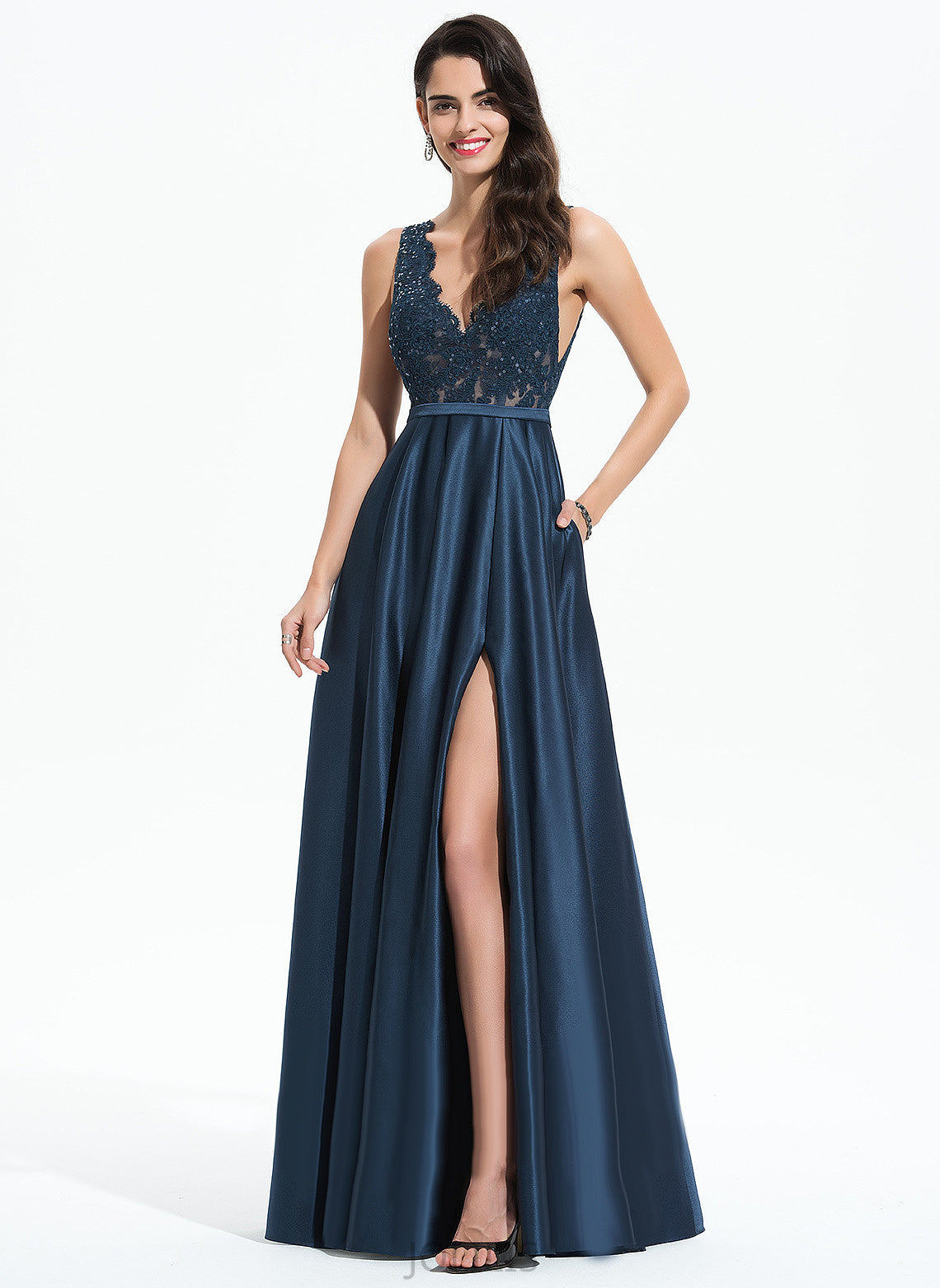 Prom Dresses A-Line Marcie V-neck Satin Sequins With Floor-Length