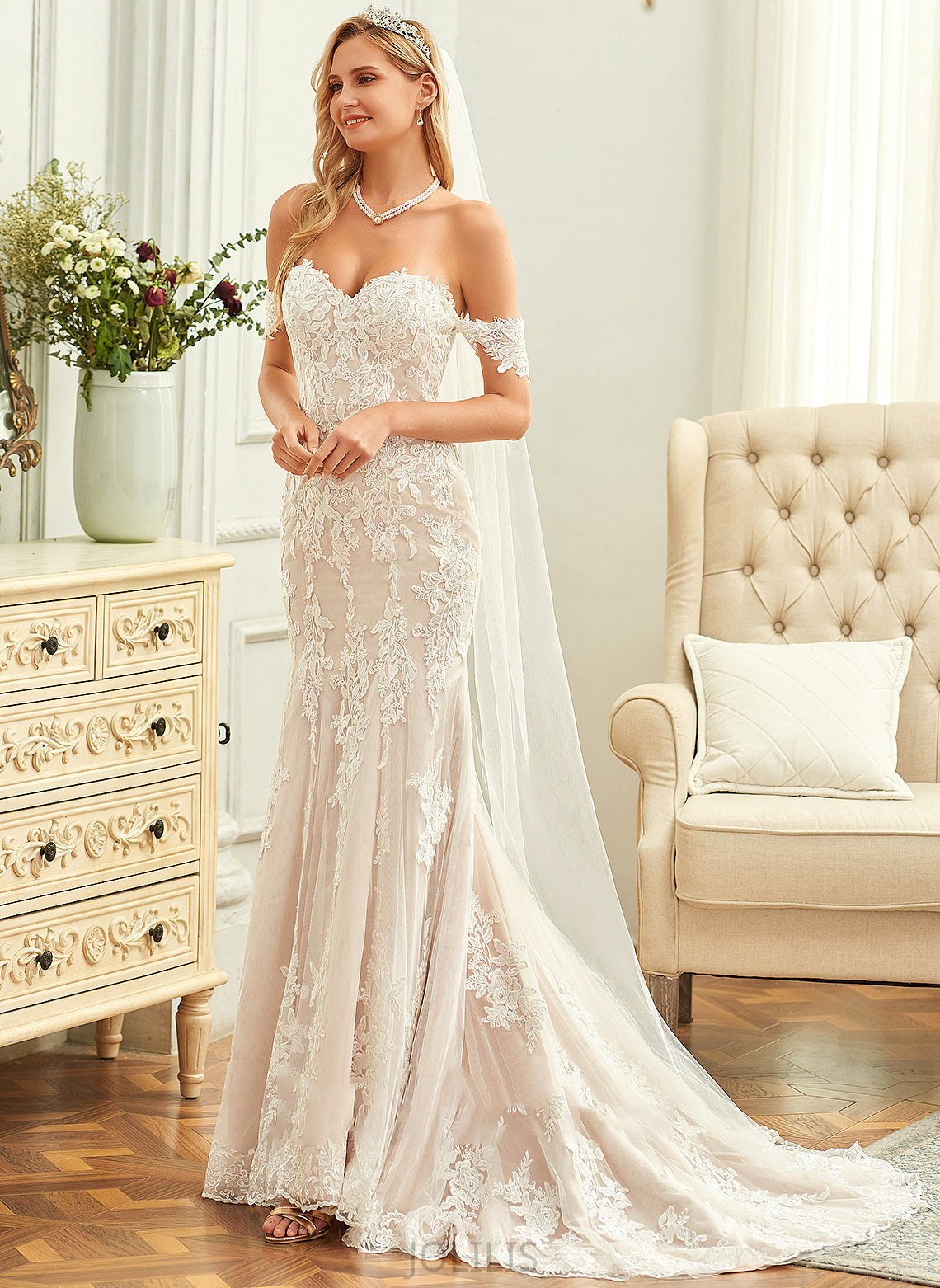 Court Tulle Kianna Lace Off-the-Shoulder Wedding Dresses Trumpet/Mermaid Dress Train Wedding