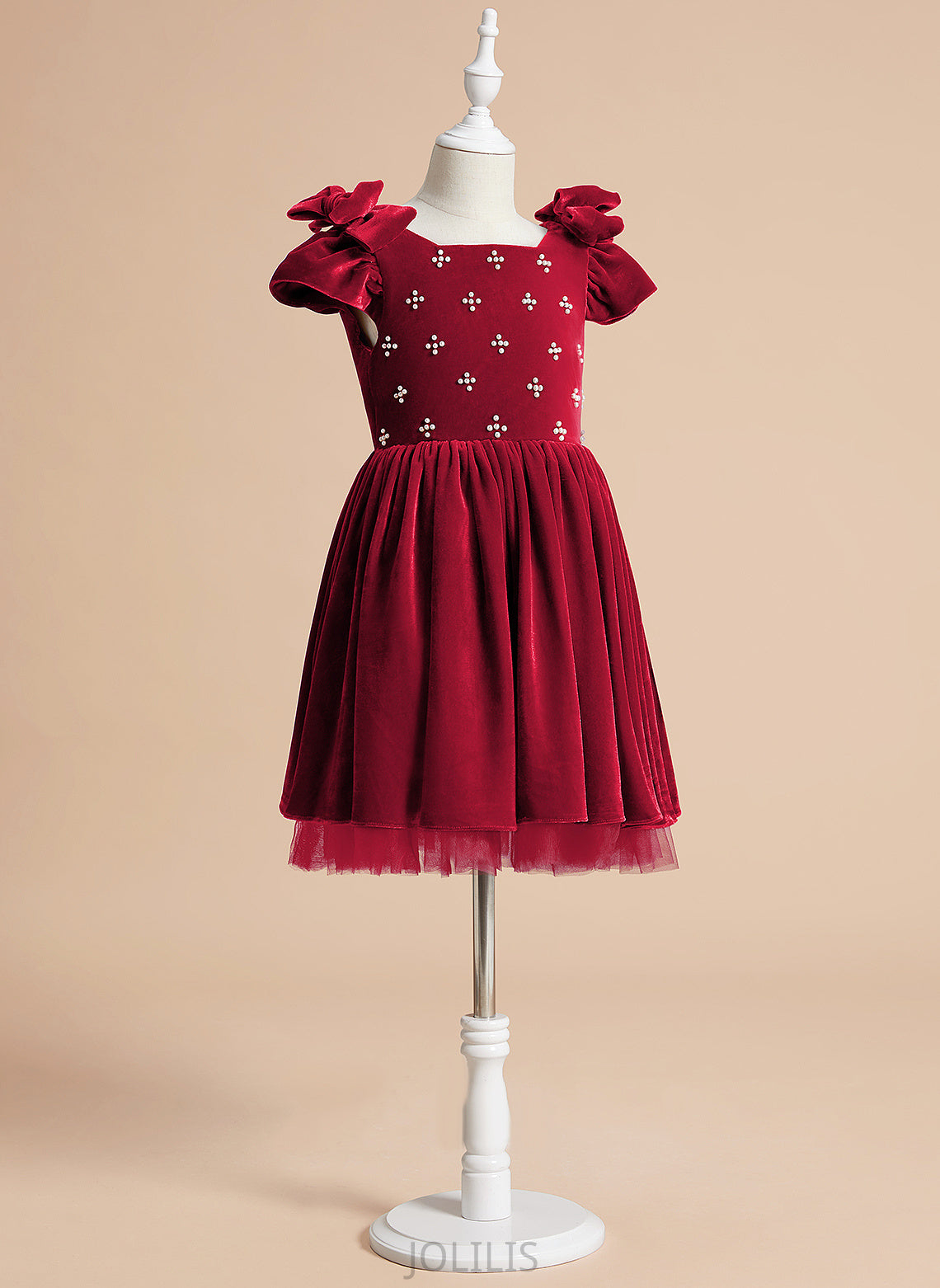 Girl - Beading Flower Dress Short Briana A-Line U Sleeves Neck Knee-length Flower Girl Dresses With Velvet