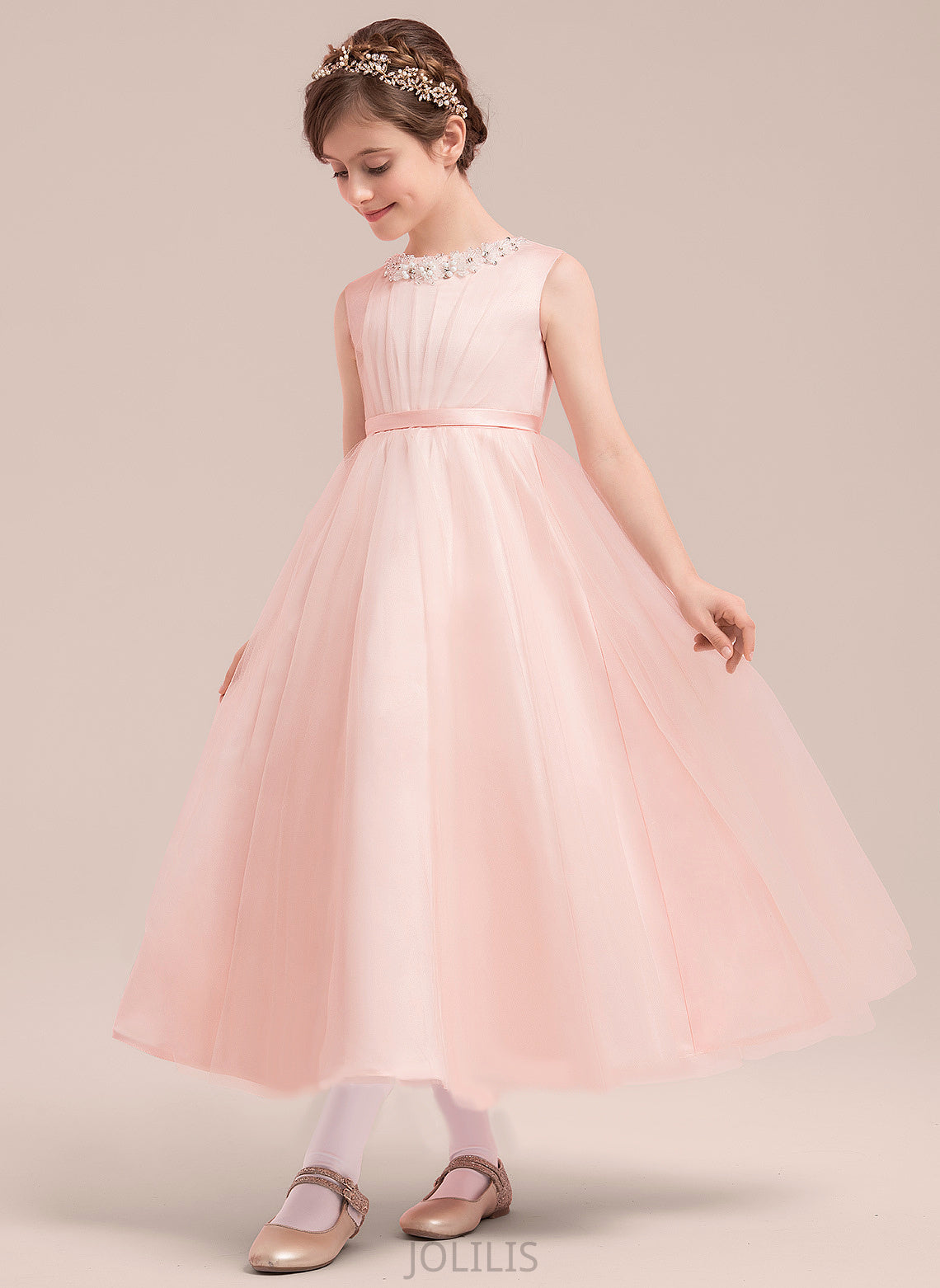 Satin/Tulle Flower Dress Neck Ankle-length A-Line/Princess Scoop Girl - Emily With Sleeveless Beading/Bow(s) Flower Girl Dresses