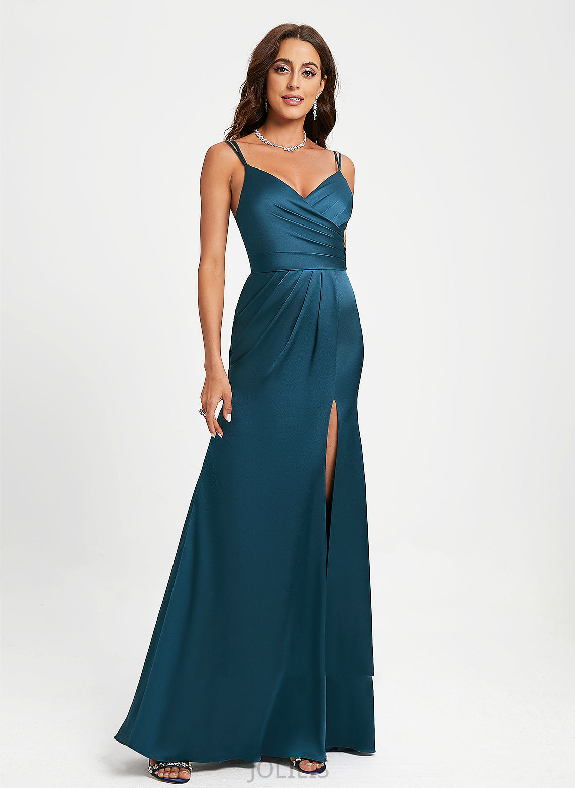 Floor-Length Sheath/Column With V-neck Elisabeth Prom Dresses Pleated Satin