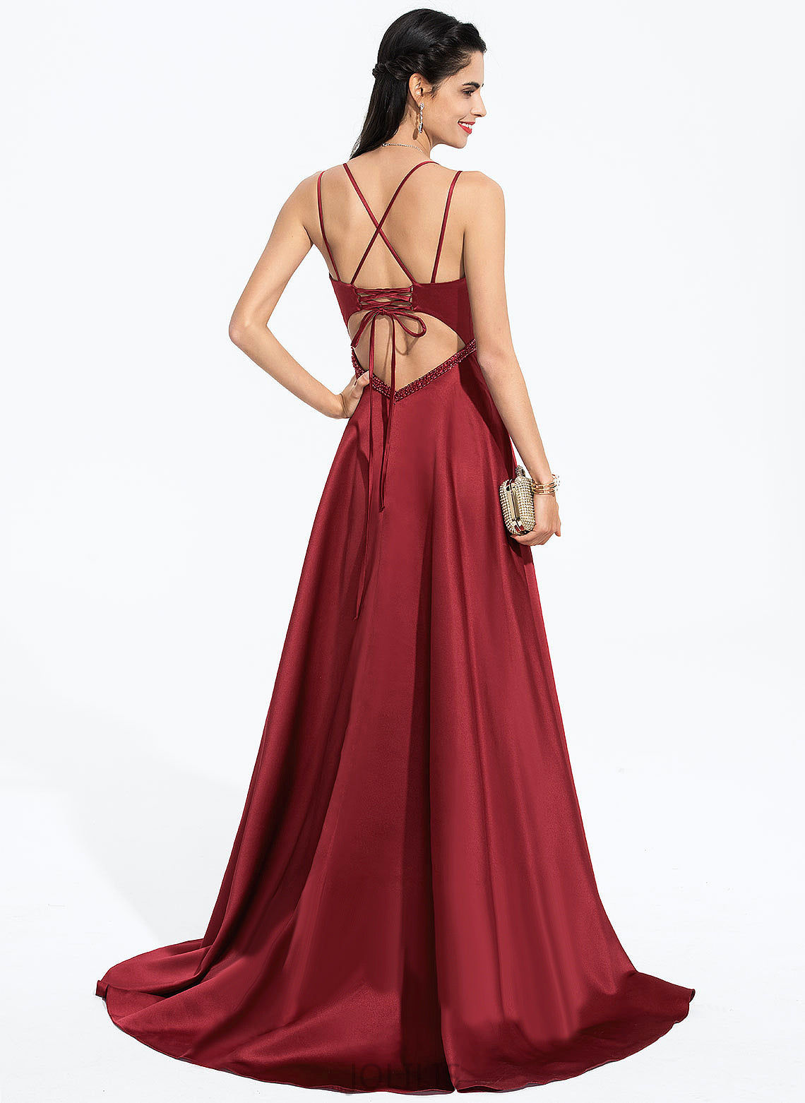 Satin Train Beading Nayeli With Sequins Sweep V-neck Prom Dresses A-Line