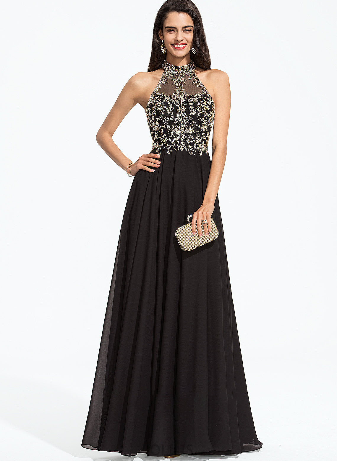 Chiffon With Beading Neck Clarissa A-Line High Floor-Length Prom Dresses Sequins