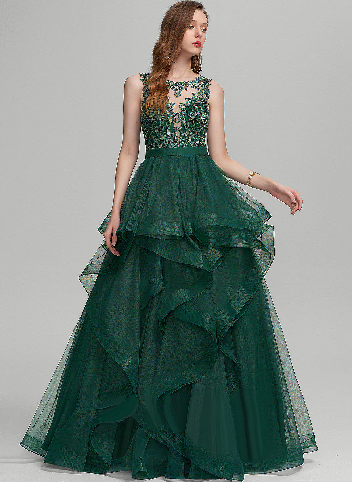 Prom Dresses Ball-Gown/Princess Lace Floor-Length Illusion Scoop Shirley Tulle