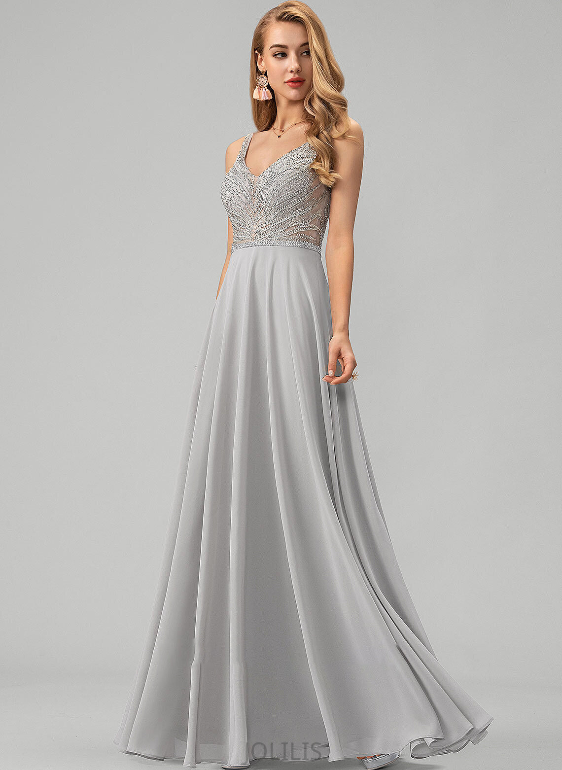 Sequins V-neck Prom Dresses Beading With Rosalyn Chiffon A-Line Floor-Length