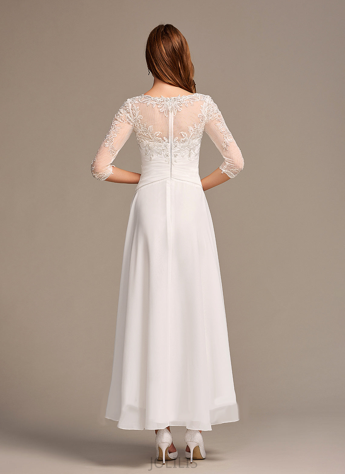 Wedding Dresses Cindy A-Line Illusion Wedding Asymmetrical Dress Chiffon With Lace