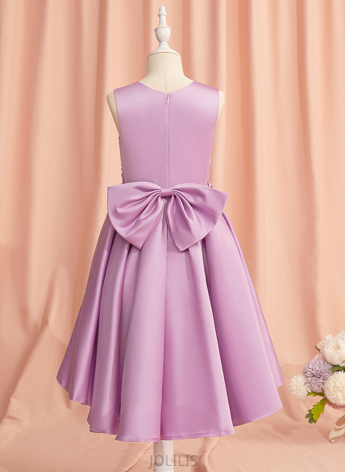 Flower Girl Dresses Sleeveless Flower With Girl Neck Scoop - A-Line Satin/Tulle Dress Lace/Beading/Bow(s) Pam Asymmetrical