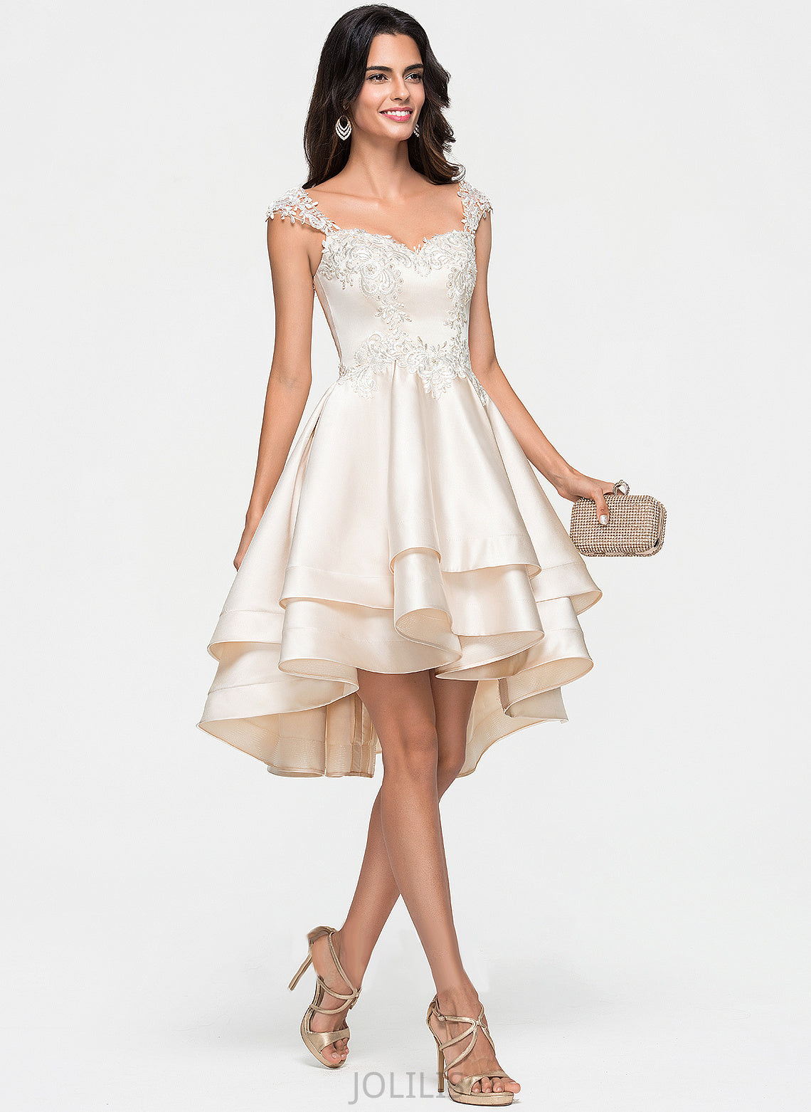 With Prom Dresses Asymmetrical Sweetheart Beading Cascading Satin A-Line Ruffles Lace Mya