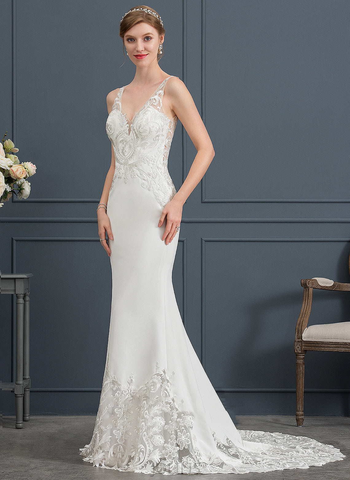 Dress Lace Larissa Court Stretch Trumpet/Mermaid Train Wedding Crepe V-neck Wedding Dresses