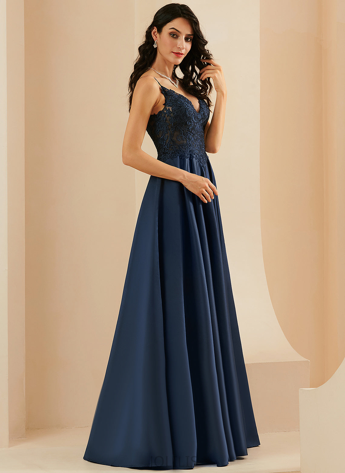 A-Line Floor-Length Magdalena V-neck Prom Dresses Lace